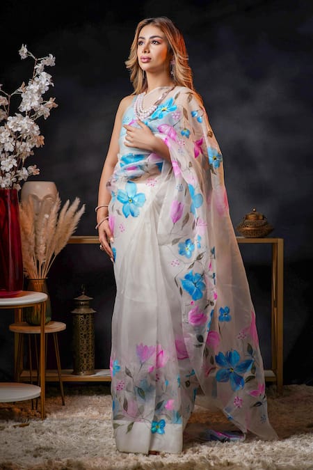 Shop Avalipt White 100% Silk Organza Handpainted Floral Aphrodite Saree Online at Aza Fashions Shop_Avalipt_White 100% Silk Organza Handpainted Floral Aphrodite Saree_Online_at_Aza_Fashions