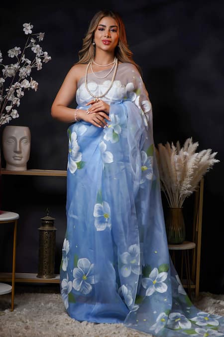 Avalipt Blue 100% Silk Organza Handpainted Floral Day Dream Blossom Saree 