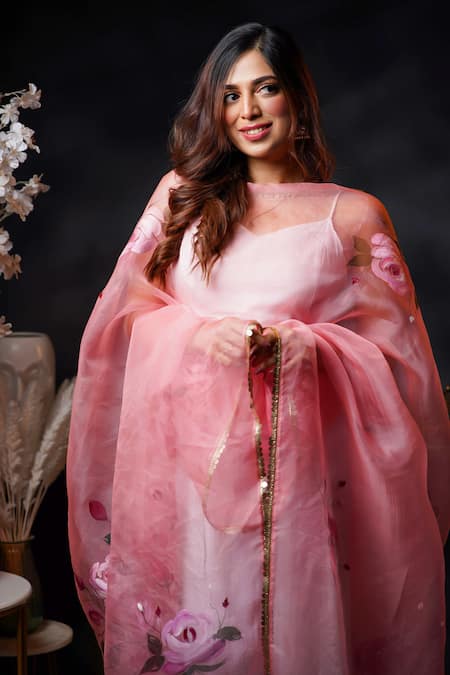 Shop_Avalipt_Pink 100% Silk Organza Handpainted Floral Gulzaar Rose Dupatta_Online_at_Aza_Fashions