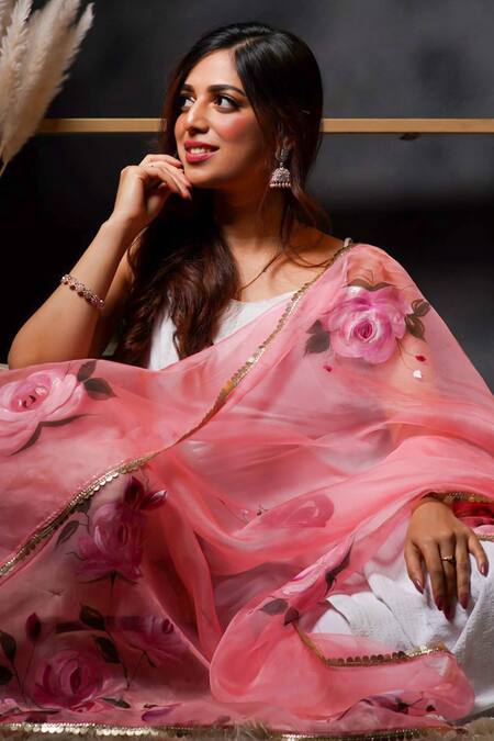 Avalipt_Pink 100% Silk Organza Handpainted Floral Gulzaar Rose Dupatta_at_Aza_Fashions