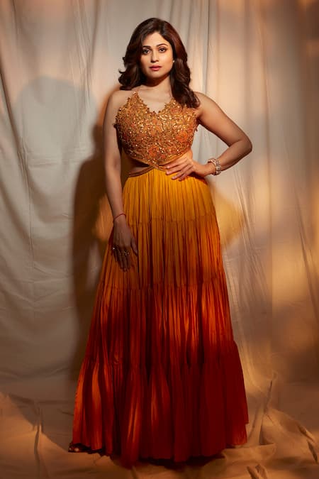 PUNIT BALANA Yellow Satin Silk Embroidery Resham V Neck And Coin Maxi Dress  