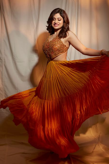 Buy_Punit Balana_Yellow Satin, Silk Embroidery V-neck Resham And Coin Maxi Dress _Online_at_Aza_Fashions