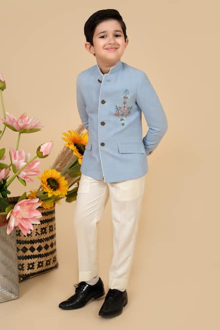Shop Little Boys Closet Blue Suede, Cotton Placement Bloom Embroidered Bandhgala With Pant at Aza Fashions Shop_Little Boys Closet_Blue Suede, Cotton Placement Bloom Embroidered Bandhgala With Pant _at_Aza_Fashions