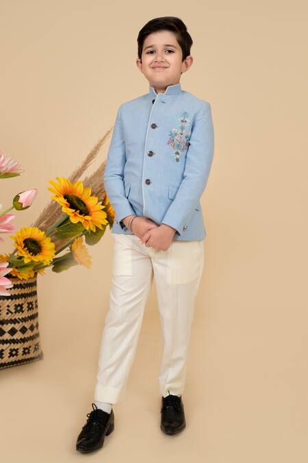 Little Boys Closet Blue Suede, Cotton Placement Bloom Embroidered Bandhgala With Pant Online at Aza Fashions Little Boys Closet_Blue Suede, Cotton Placement Bloom Embroidered Bandhgala With Pant _Online_at_Aza_Fashions
