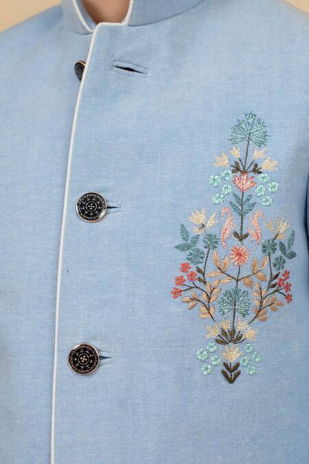 Buy Little Boys Closet Blue Suede, Cotton Placement Bloom Embroidered Bandhgala With Pant Online at Aza Fashions Buy_Little Boys Closet_Blue Suede, Cotton Placement Bloom Embroidered Bandhgala With Pant _Online_at_Aza_Fashions