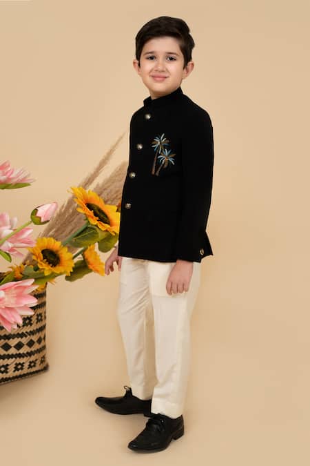 Little Boys Closet Placement Palm Tree Embroidered Bandhgala With Pant 