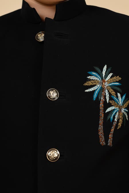 Buy Little Boys Closet Black Suede, Cotton Sequins, Embroidery Placement Palm Tree Bandhgala With Pant Online at Aza Fashions Buy_Little Boys Closet_Black Suede, Cotton Sequins, Embroidery Placement Palm Tree Bandhgala With Pant _Online_at_Aza_Fashions