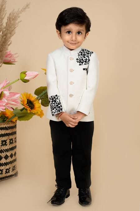 Little Boys Closet_Black Suede Vine Embroidered Bandhgala With Pant _Online_at_Aza_Fashions