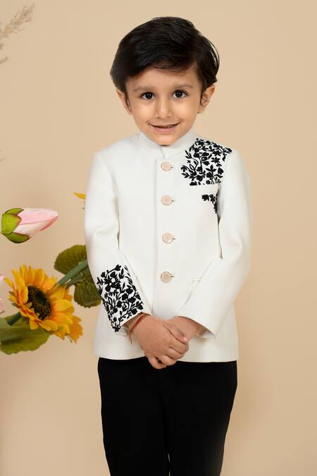 Buy_Little Boys Closet_Black Suede Vine Embroidered Bandhgala With Pant _Online_at_Aza_Fashions