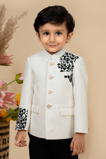 Shop_Little Boys Closet_Black Suede Vine Embroidered Bandhgala With Pant _Online_at_Aza_Fashions