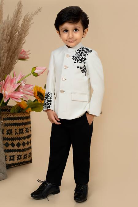 Little Boys Closet_Black Suede Vine Embroidered Bandhgala With Pant _at_Aza_Fashions