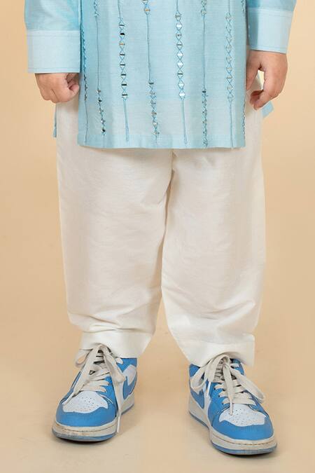 Little Boys Closet_Blue Cotton, Silk Mirrors Vine Embroidered Kurta With Pyjama _Online_at_Aza_Fashions