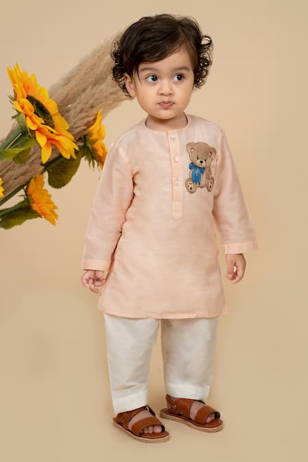 LITTLE BOYS CLOSET Beige Cotton Silk Teddy Bear Patch Work Kurta With Pyjama 