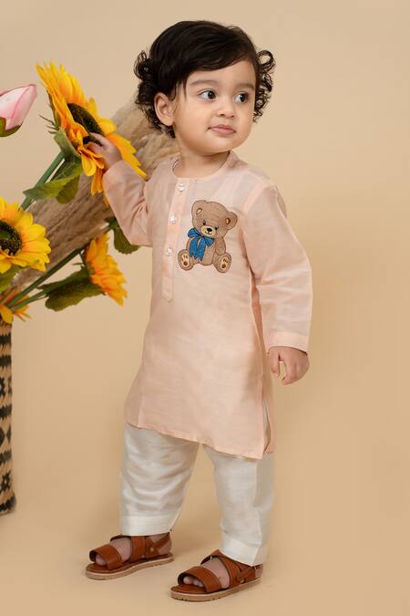Shop_Little Boys Closet_Beige Cotton, Silk Embroidery Teddy Bear Patch Work Kurta With Pyjama_at_Aza_Fashions
