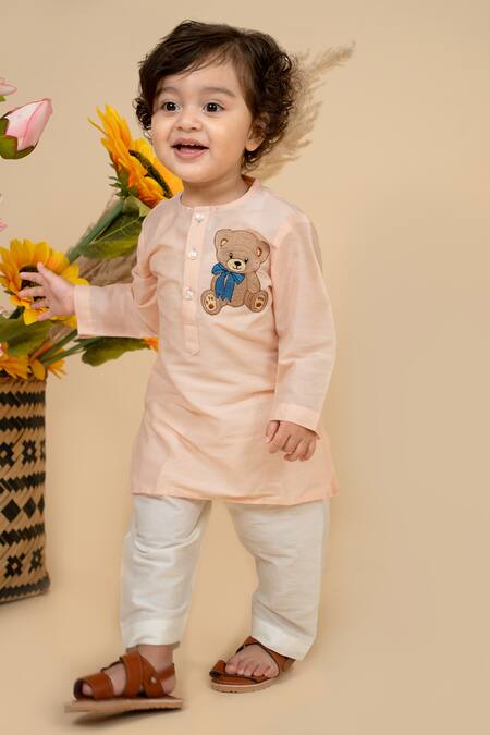 Little Boys Closet_Beige Cotton, Silk Embroidery Teddy Bear Patch Work Kurta With Pyjama_Online_at_Aza_Fashions