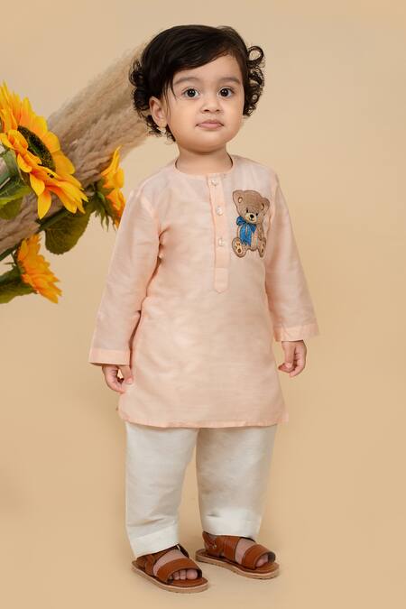 Buy_Little Boys Closet_Beige Cotton, Silk Embroidery Teddy Bear Patch Work Kurta With Pyjama_Online_at_Aza_Fashions