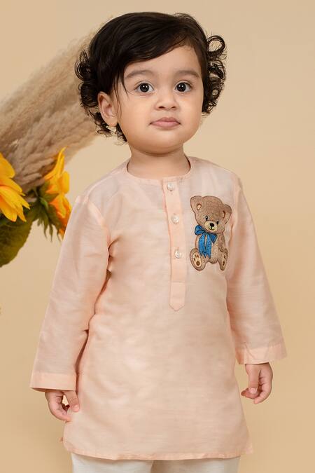 Shop_Little Boys Closet_Beige Cotton, Silk Embroidery Teddy Bear Patch Work Kurta With Pyjama_Online_at_Aza_Fashions