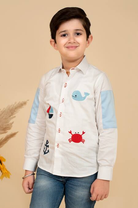 Little Boys Closet_White Cotton Satin Embroidery Sea Theme Color Block Shirt_Online_at_Aza_Fashions