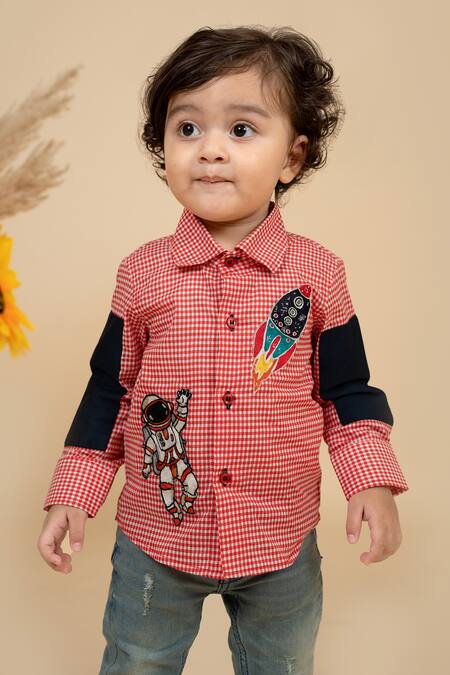 Little Boys Closet_Red Cotton Satin Embroidery Glen Checkered Space Theme Shirt_Online_at_Aza_Fashions