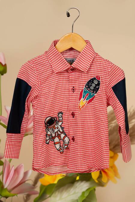 Buy_Little Boys Closet_Red Cotton Satin Embroidery Glen Checkered Space Theme Shirt_Online_at_Aza_Fashions