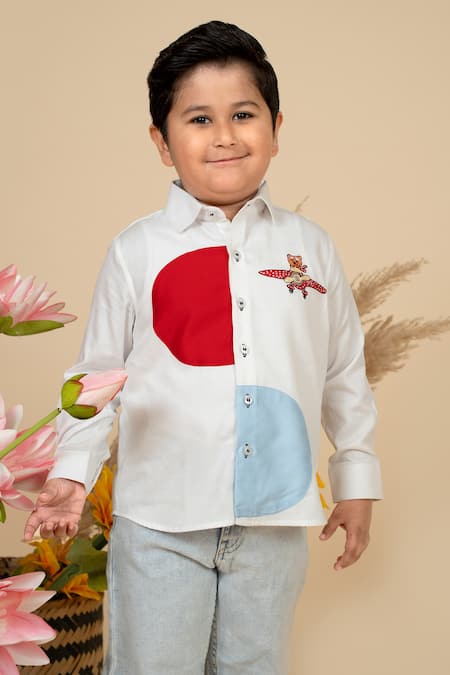 LITTLE BOYS CLOSET Red Cotton Satin Teddy Ride Embroidery Color Block Shirt 