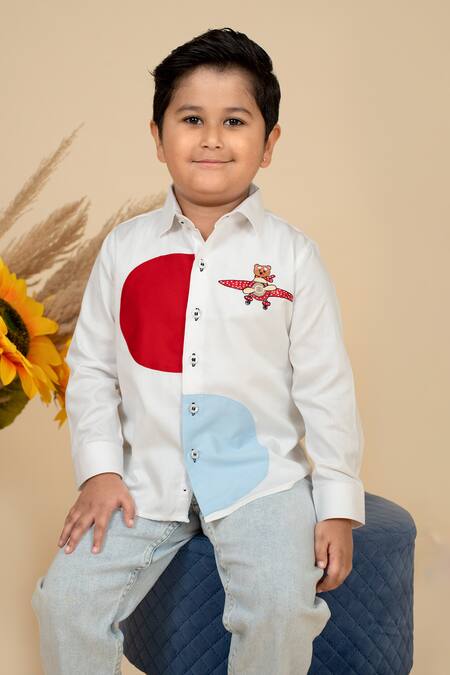 Shop Little Boys Closet Red Cotton Satin Embroidery Color Block Teddy Shirt at Aza Fashions Shop_Little Boys Closet_Red Cotton Satin Embroidery Color Block Teddy Shirt_at_Aza_Fashions