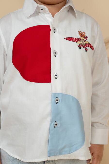 Little Boys Closet Red Cotton Satin Embroidery Color Block Teddy Shirt Online at Aza Fashions Little Boys Closet_Red Cotton Satin Embroidery Color Block Teddy Shirt_Online_at_Aza_Fashions