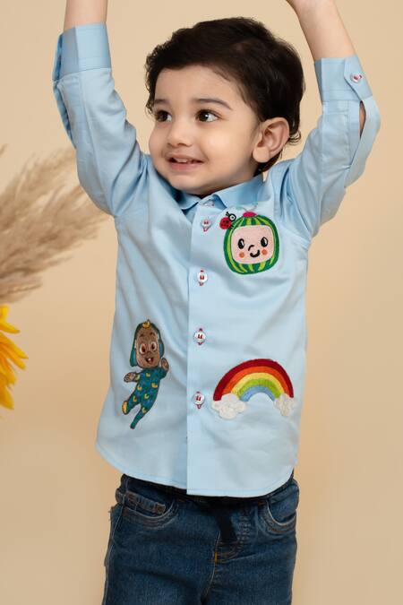 Little Boys Closet_Blue Cotton Satin Embroidery Cocomelon Theme Shirt_Online_at_Aza_Fashions