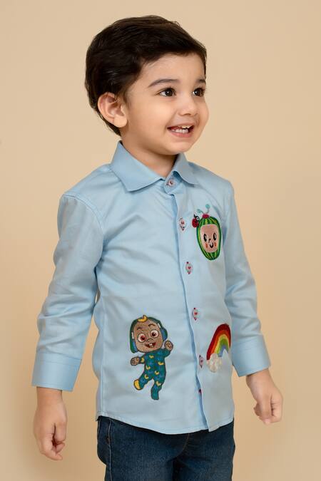 Buy_Little Boys Closet_Blue Cotton Satin Embroidery Cocomelon Theme Shirt_Online_at_Aza_Fashions