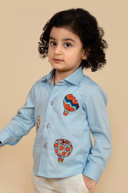 Little Boys Closet_Blue Cotton Satin Embroidery Hot Air Balloon Shirt_Online_at_Aza_Fashions