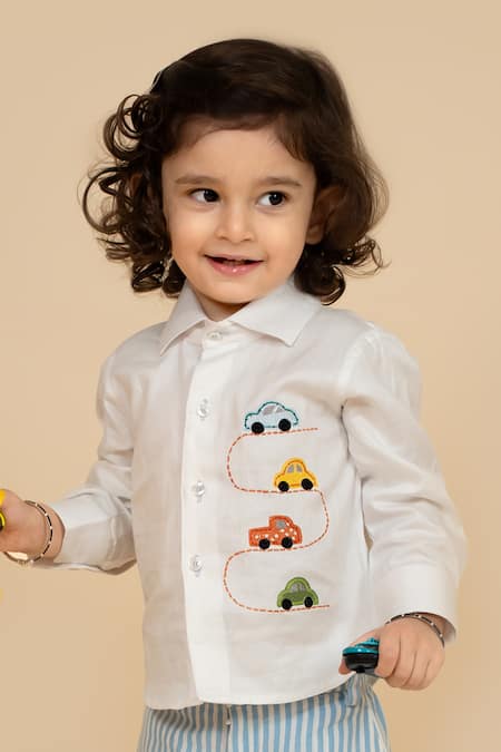 Little Boys Closet White Cotton Satin Embroidery Cars Shirt Online at Aza Fashions Little Boys Closet_White Cotton Satin Embroidery Cars Shirt_Online_at_Aza_Fashions