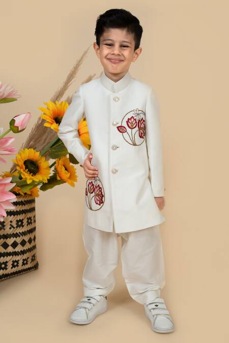 Little Boys Closet by Gunjan Khanijou Off White Cotton Silk Lotus Embroidery Sherwani With Pyjama