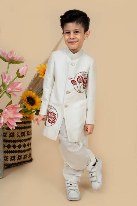 Little Boys Closet Off White Cotton, Silk Embroidery Lotus Sherwani With Pyjama Online at Aza Fashions Little Boys Closet_Off White Cotton, Silk Embroidery Lotus Sherwani With Pyjama _Online_at_Aza_Fashions