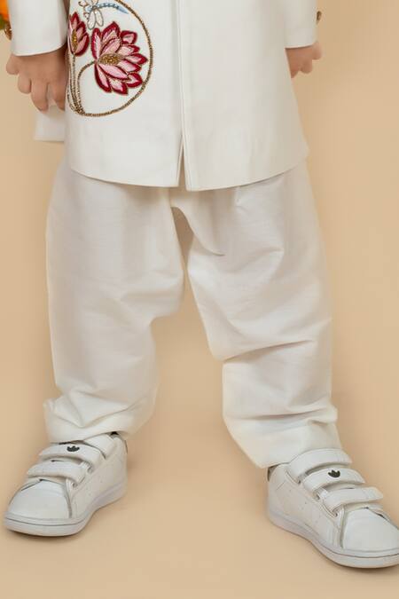 Buy Little Boys Closet Off White Cotton, Silk Embroidery Lotus Sherwani With Pyjama Online at Aza Fashions Buy_Little Boys Closet_Off White Cotton, Silk Embroidery Lotus Sherwani With Pyjama _Online_at_Aza_Fashions