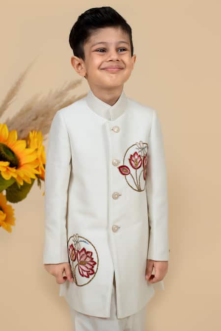 Shop Little Boys Closet Off White Cotton, Silk Embroidery Lotus Sherwani With Pyjama Online at Aza Fashions Shop_Little Boys Closet_Off White Cotton, Silk Embroidery Lotus Sherwani With Pyjama _Online_at_Aza_Fashions