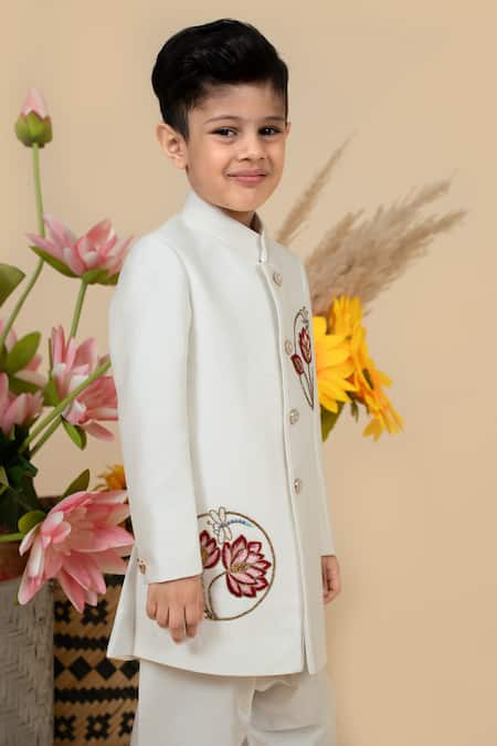 Little Boys Closet Off White Cotton, Silk Embroidery Lotus Sherwani With Pyjama at Aza Fashions Little Boys Closet_Off White Cotton, Silk Embroidery Lotus Sherwani With Pyjama _at_Aza_Fashions