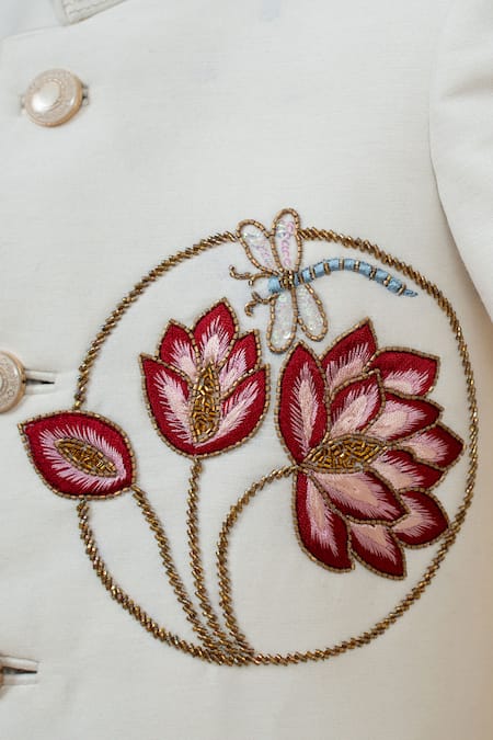 Buy Little Boys Closet Off White Cotton, Silk Embroidery Lotus Sherwani With Pyjama Buy_Little Boys Closet_Off White Cotton, Silk Embroidery Lotus Sherwani With Pyjama