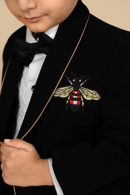 Shop_Little Boys Closet_Black Cotton Embroidery Bee Tuxedo Pant Set _Online_at_Aza_Fashions