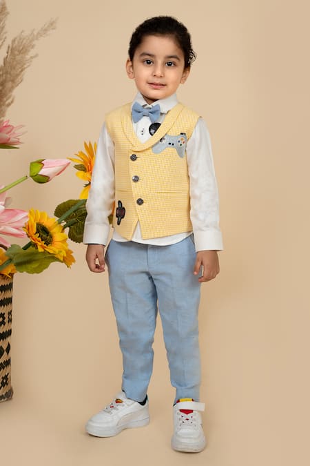 LITTLE BOYS CLOSET Yellow Suiting Gamer Embroidery Gingham Checkered And Waistcoat Pant Set 