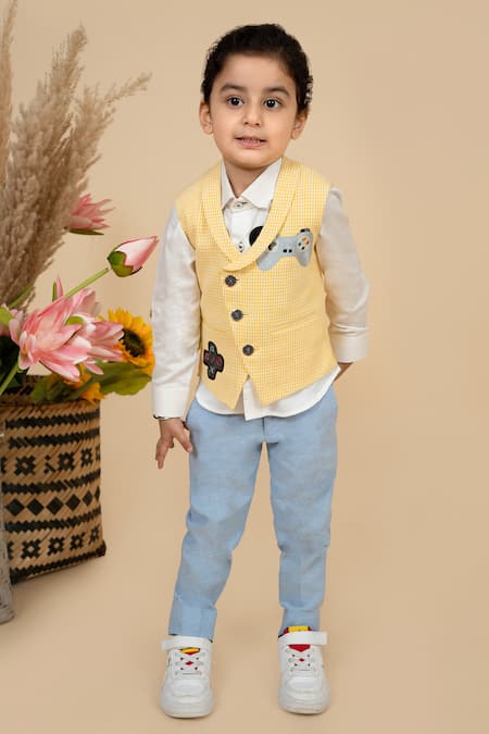 Little Boys Closet Gingham Checkered & Gamer Embroidered Waistcoat Pant Set 