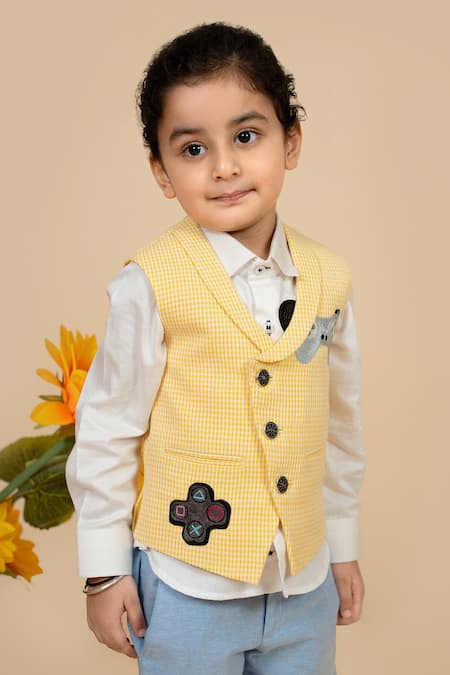 Buy_Little Boys Closet_Yellow Cotton Embroidery Gingham Checkered And Gamer Waistcoat Pant Set _Online_at_Aza_Fashions