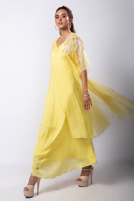 Buy_Smriti By Anju Agarwal_Yellow Organza Cut Work, Embroidery Serina Asymmetric Dress With Cutwork Cape _Online_at_Aza_Fashions