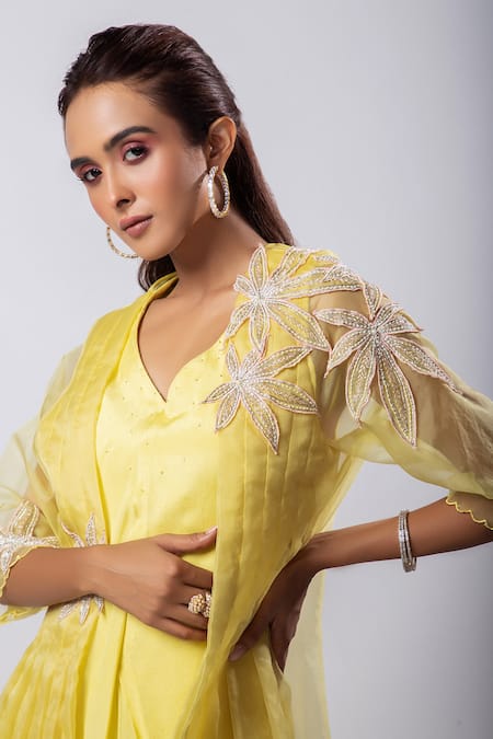 Shop_Smriti By Anju Agarwal_Yellow Organza Cut Work, Embroidery Serina Asymmetric Dress With Cutwork Cape _Online_at_Aza_Fashions