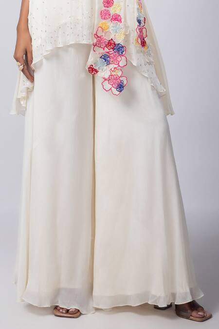 Smriti By Anju Agarwal_White Chiffon, Organza, Satin Embroidery Renisa Embellished Frill Top And Pant Set _Online_at_Aza_Fashions