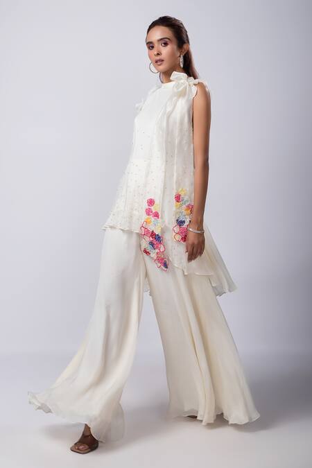Buy_Smriti By Anju Agarwal_White Chiffon, Organza, Satin Embroidery Renisa Embellished Frill Top And Pant Set _Online_at_Aza_Fashions