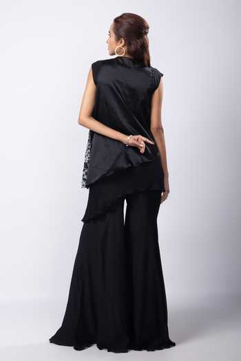 Shop Smriti By Anju Agarwal Black Satin, Organza, Chiffon Cut Work, Lior Floral Cutwork Jacket Pant Set at Aza Fashions Shop_Smriti By Anju Agarwal_Black Satin, Organza, Chiffon Cut Work, Lior Floral Cutwork Jacket Pant Set _at_Aza_Fashions
