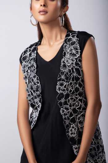 Shop Smriti By Anju Agarwal Black Satin, Organza, Chiffon Cut Work, Lior Floral Cutwork Jacket Pant Set Online at Aza Fashions Shop_Smriti By Anju Agarwal_Black Satin, Organza, Chiffon Cut Work, Lior Floral Cutwork Jacket Pant Set _Online_at_Aza_Fashions