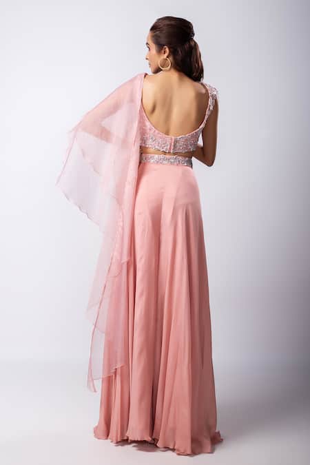 Shop_Smriti By Anju Agarwal_Pink Bamboo, Chiffon Beads, Embroidery Layla Pre-draped Pant Saree With Blouse _at_Aza_Fashions