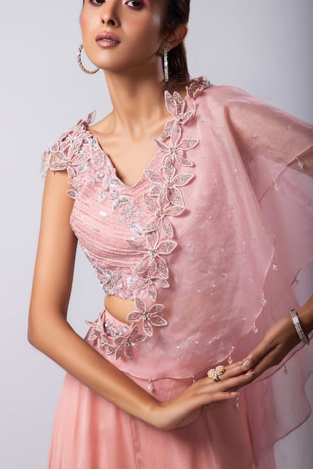 Buy_Smriti By Anju Agarwal_Pink Bamboo, Chiffon Beads, Embroidery Layla Pre-draped Pant Saree With Blouse _Online_at_Aza_Fashions