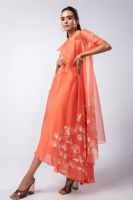 Smriti By Anju Agarwal Orange Crepe, Organza Asymmetric Mon Cheri Dress With Cape Online at Aza Fashions Smriti By Anju Agarwal_Orange Crepe, Organza Asymmetric Mon Cheri Dress With Cape _Online_at_Aza_Fashions